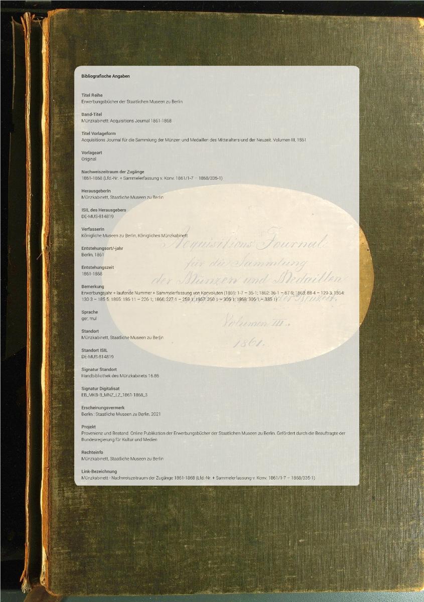 Acquisitions Journal für die Sammlung der Münzen und Medaillen des Mittelalters und der Neuzeit, Volumen III, 1861