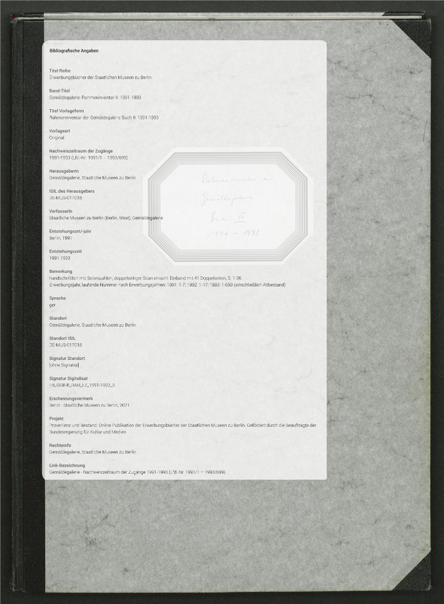 Rahmeninventar der Gemäldegalerie Buch III 1991-1993