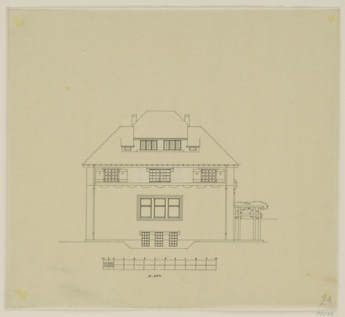 Darmstadt, Projekt Doppelhaus Cabinet, fünfte Version, Aufriss der Ostfassade