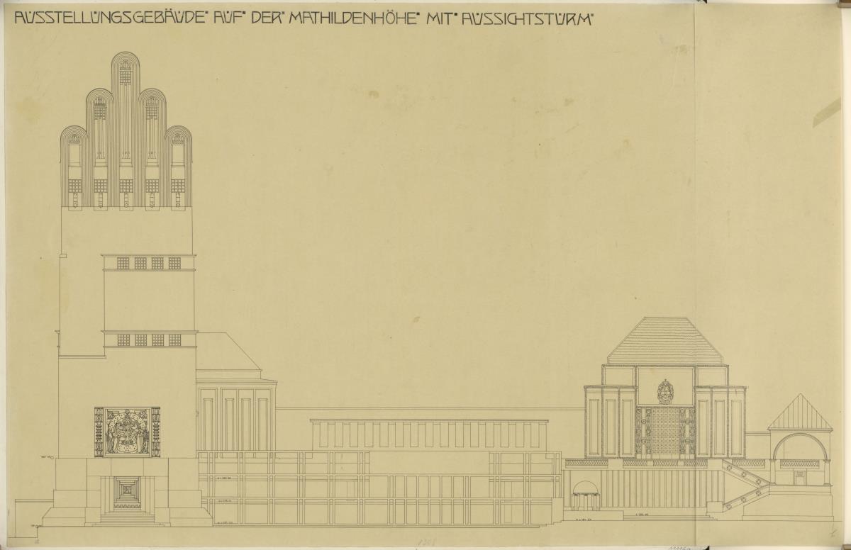 Darmstadt, Ausstellungsgebäude und Hochzeitsturm, Aufriss der Westfassade