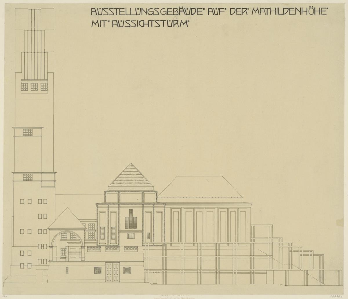 Darmstadt, Ausstellungsgebäude und Hochzeitsturm, Vorentwurf, Aufriss der Südfassade