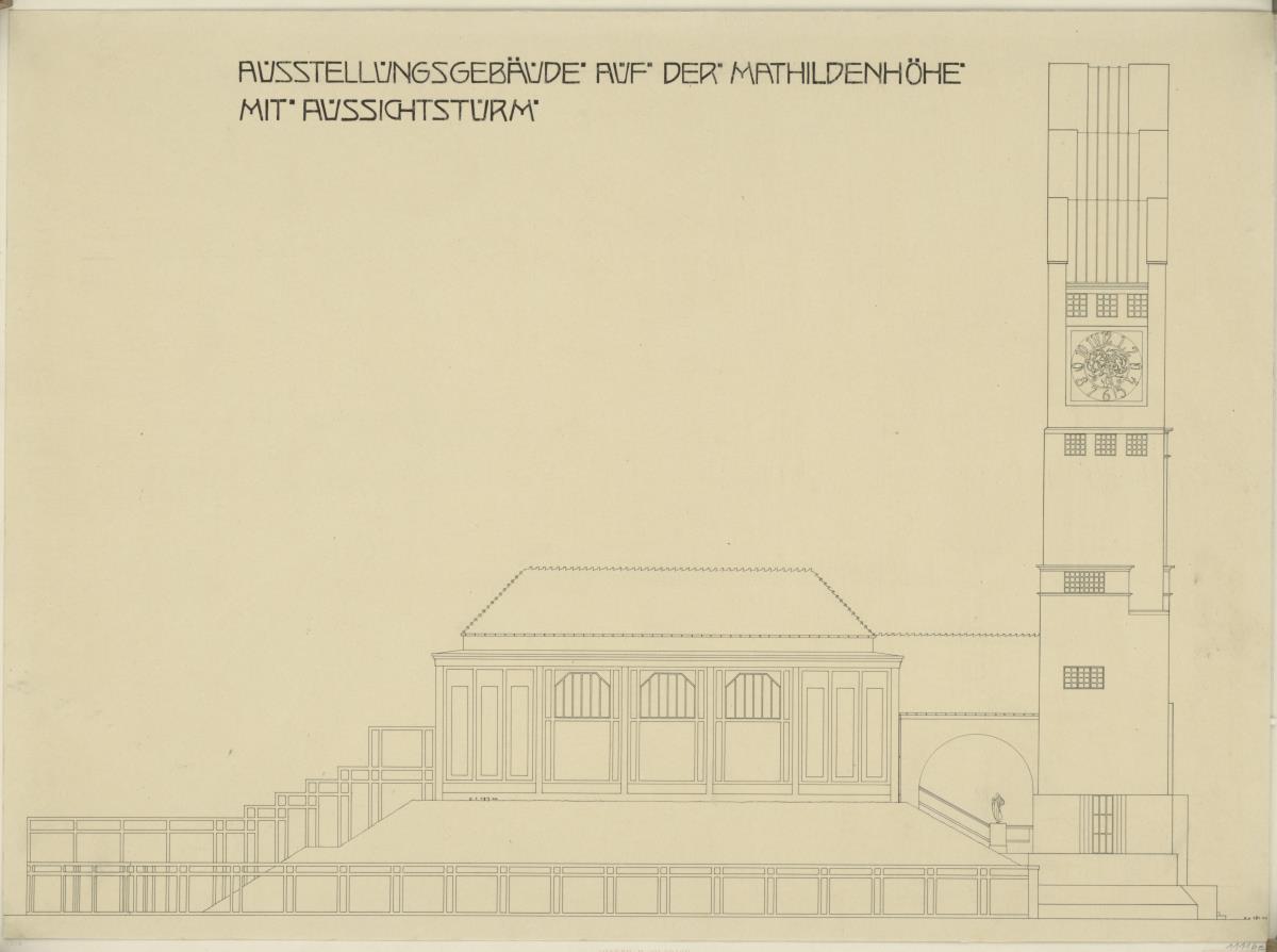 Darmstadt, Ausstellungsgebäude und Hochzeitsturm, Aufriss der Nordfassade