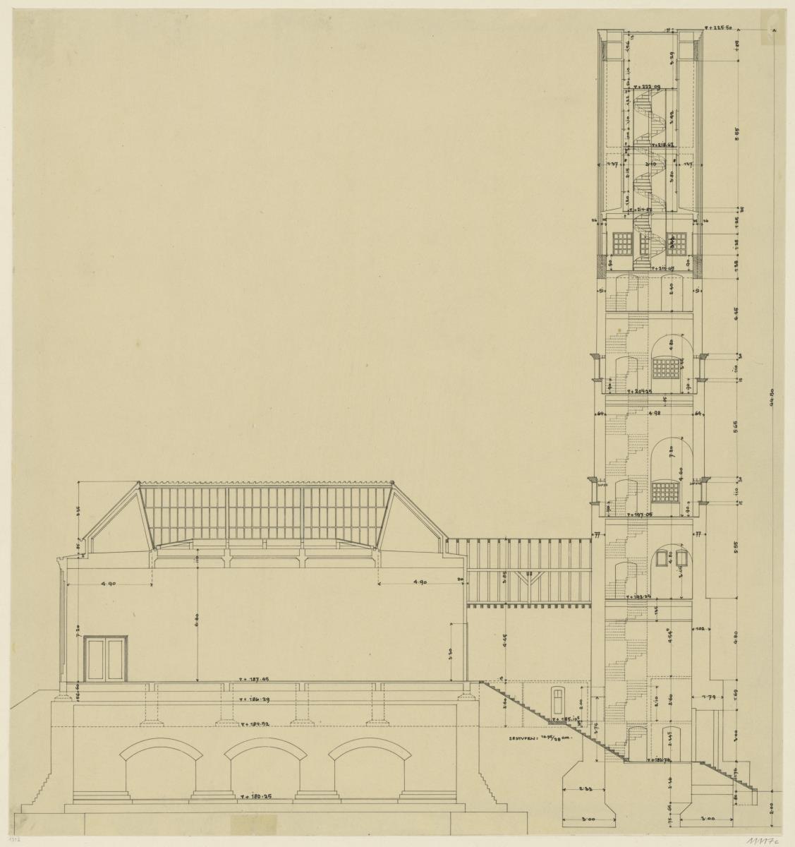 Darmstadt, Ausstellungsgebäude und Hochzeitsturm, Vorentwurf, Schnitte durch Nordflügel und Turm