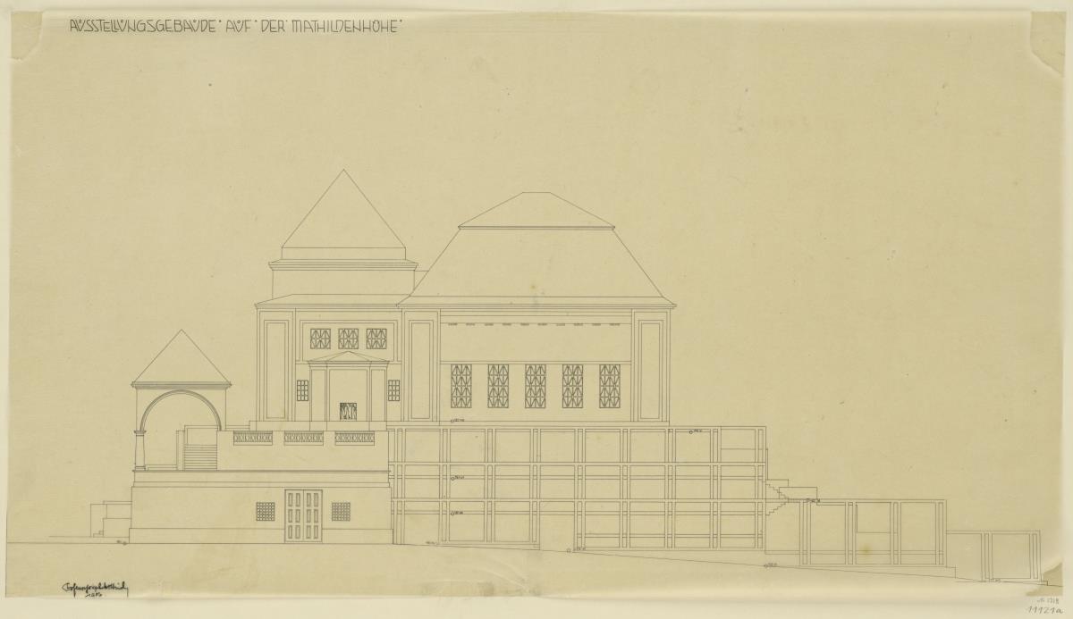 Darmstadt, Ausstellungsgebäude und Hochzeitsturm, Aufriss der Südfassade