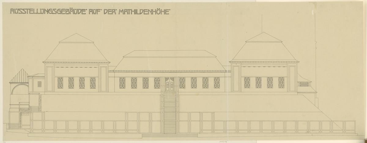 Darmstadt, Ausstellungsgebäude und Hochzeitsturm, Aufriss der Ostfassade