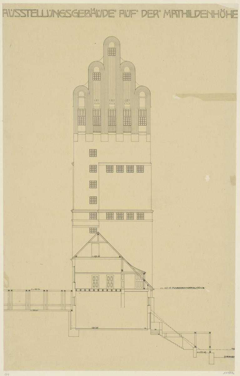 Darmstadt, Ausstellungsgebäude und Hochzeitsturm, Aufriss der Ostfassade des Turmes mit Schnitt durch den Verbindungsbau