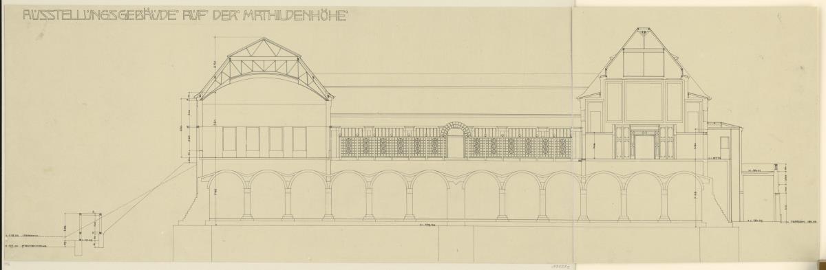 Darmstadt, Ausstellungsgebäude und Hochzeitsturm, Aufriss der Hoffassade und Schnitte durch den Nord und Südflügel des Ausstellungsgebäudes