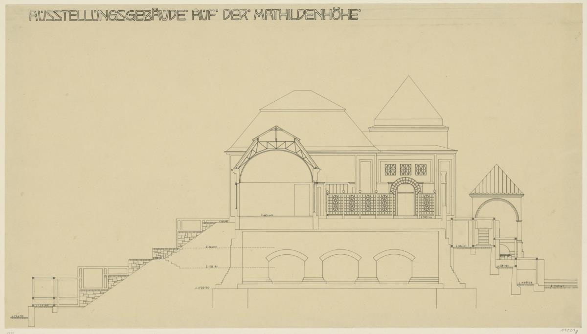 Darmstadt, Ausstellungsgebäude und Hochzeitsturm, Aufriss der nördlichen Hoffassade und Schnitt