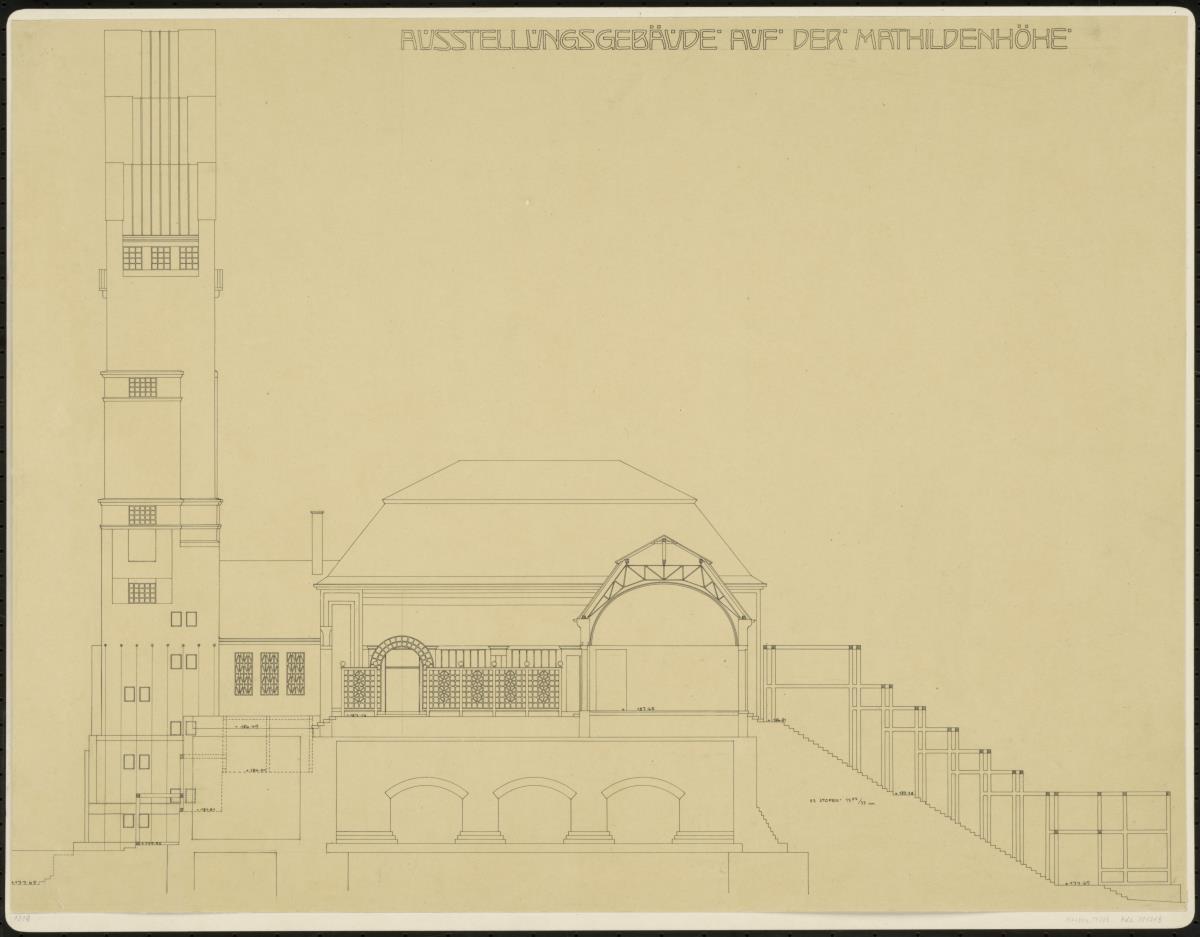 Darmstadt, Ausstellungsgebäude und Hochzeitsturm, Aufriss der Südfassaden des Turmes und des nördlichen Flügels sowie Schnitt
