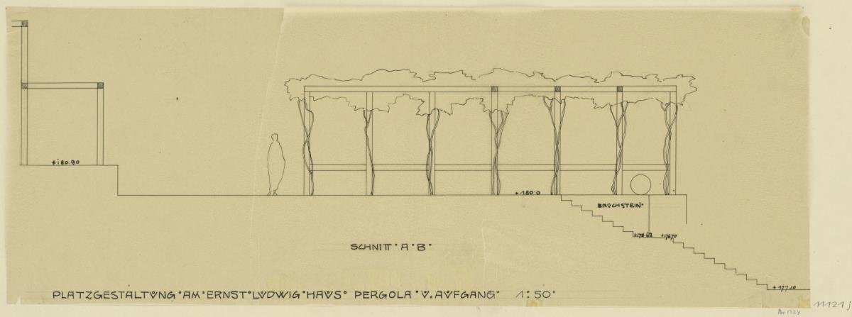 Darmstadt, Ausstellungsgebäude und Hochzeitsturm, Pergolen am Ausstellungsgebäude, Schnitt