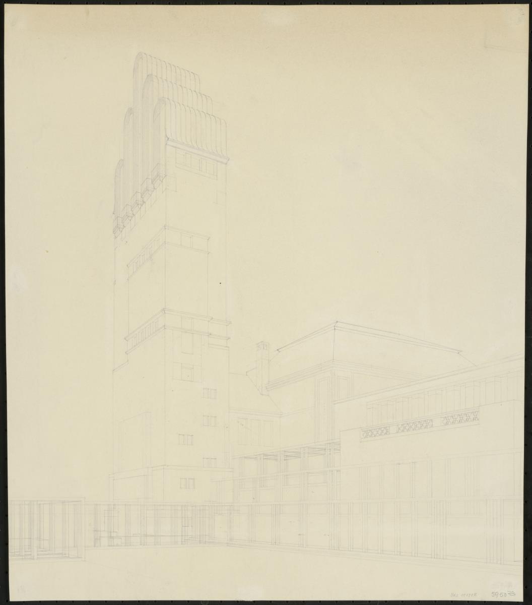 Darmstadt, Ausstellungsgegbäude und Hochzeitsturm, Perspektive von Südwesten