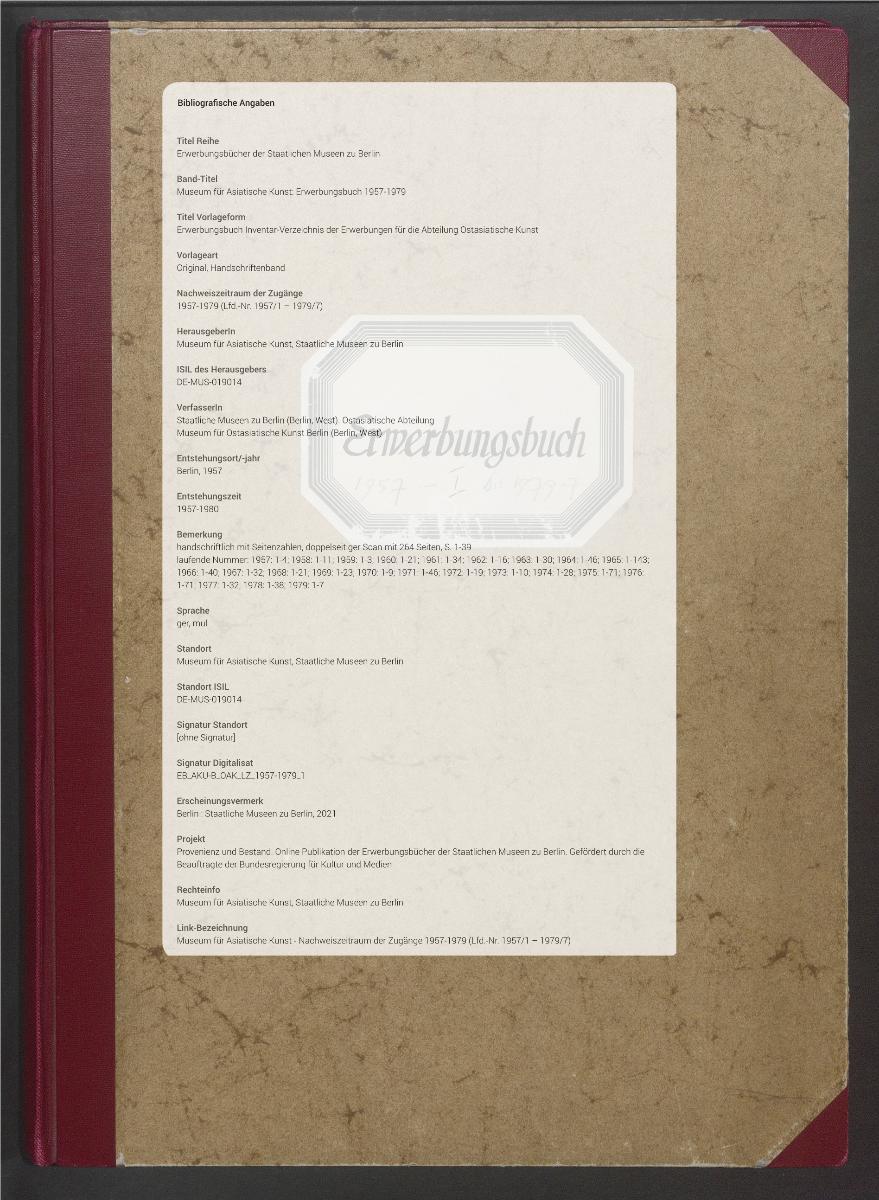 Erwerbungsbuch Inventar-Verzeichnis der Erwerbungen für die Abteilung Ostasiatische Kunst