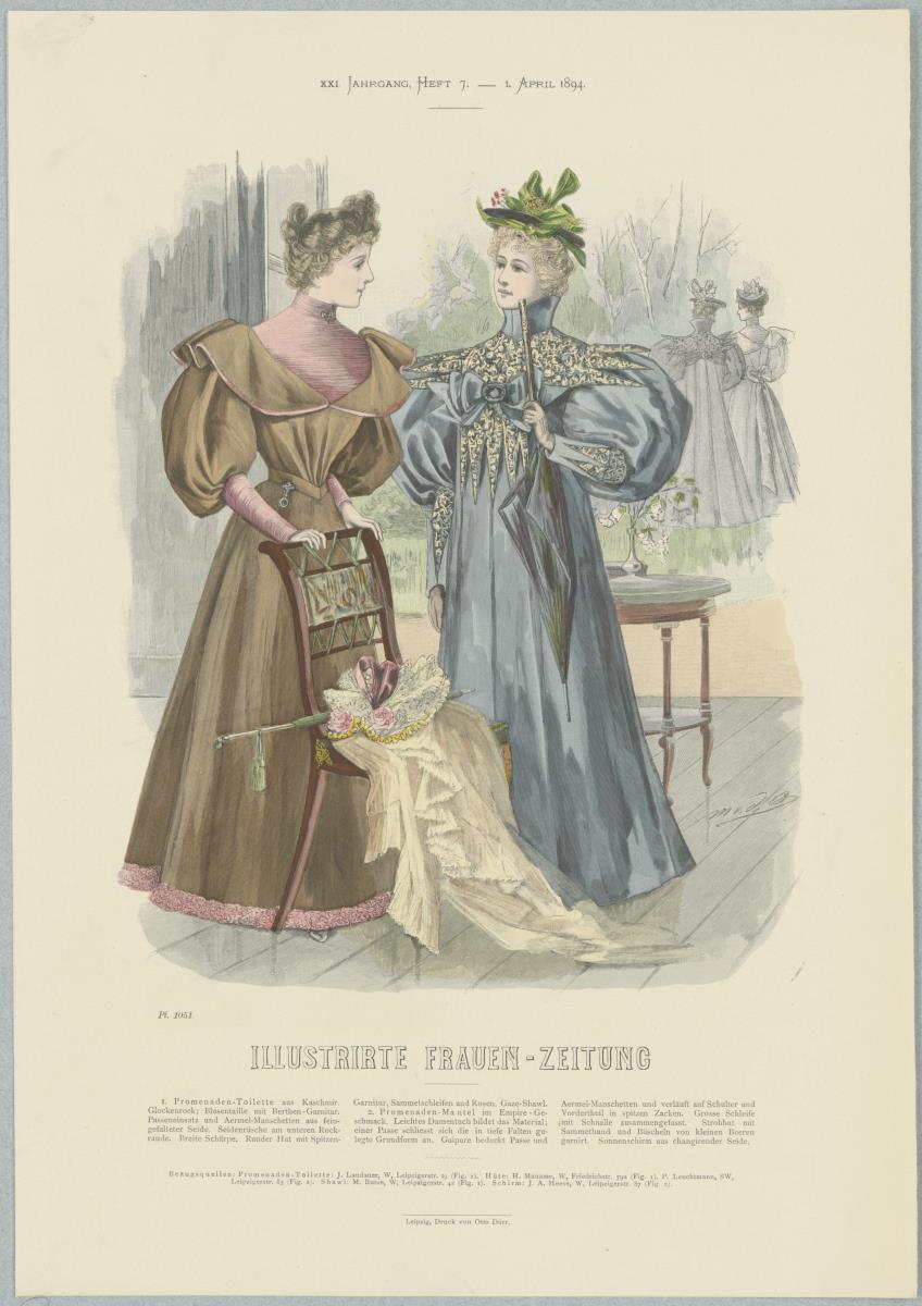 Illustrirte Frauen-Zeitung: Promenaden-Toilette mit Glockenrock und Promenaden-Mantel im Empire-Geschmack