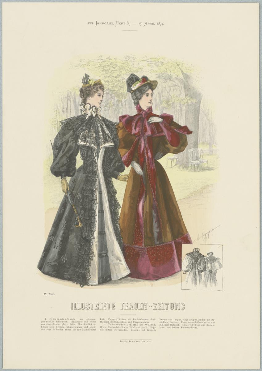 Illustrirte Frauen-Zeitung: Promenaden-Mantel mit Kapottenhütchen und Promenaden-Toilette mit rundem Strohhut