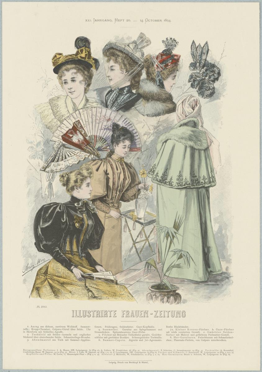 Illustrirte Frauen-Zeitung: Anzug aus kariertem Wollstoff, Abendmantel und diverse Hüte