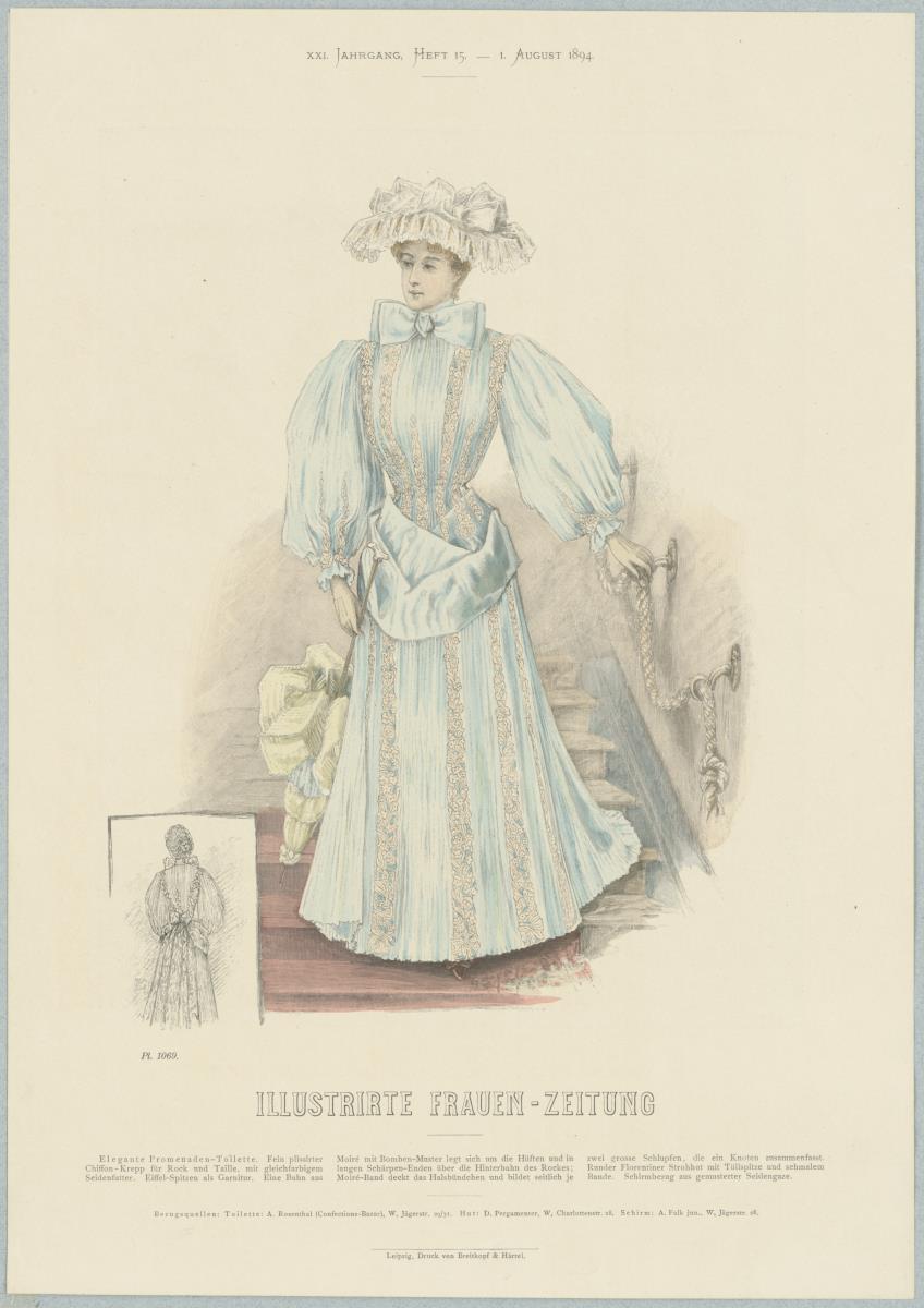 Illustrirte Frauen-Zeitung: Elegante Promenaden-Toilette mit Florentiner Strohhut
