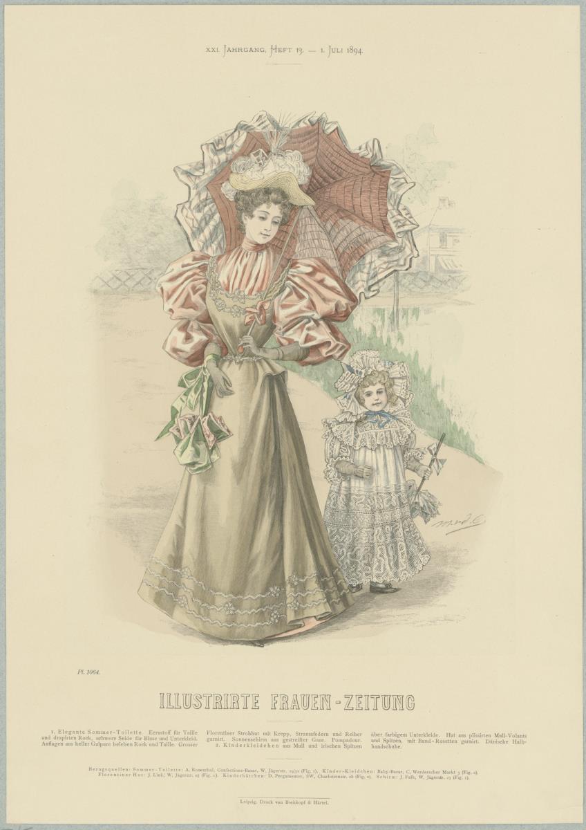 Illustrirte Frauen-Zeitung: Elegante Sommer-Toilette mit grossem Florentiner Strohhut und Kinderkleidchen über farbigem Unterkleid