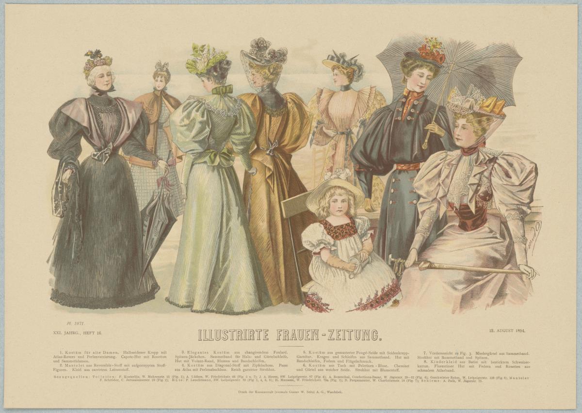 Illustrirte Frauen-Zeitung: Kostüme für Damen, Mantelet und Kinderkleid mit Florentiner Hut