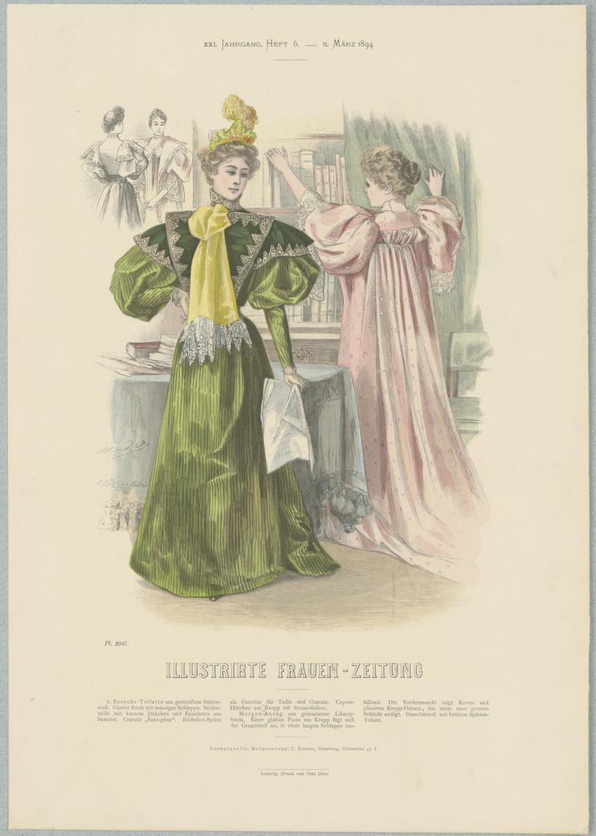 Illustrirte Frauen-Zeitung: Besuchs-Toilette mit Kapottenhütchen und Morgen-Anzug mit Bauschärmeln und langer Schleppe