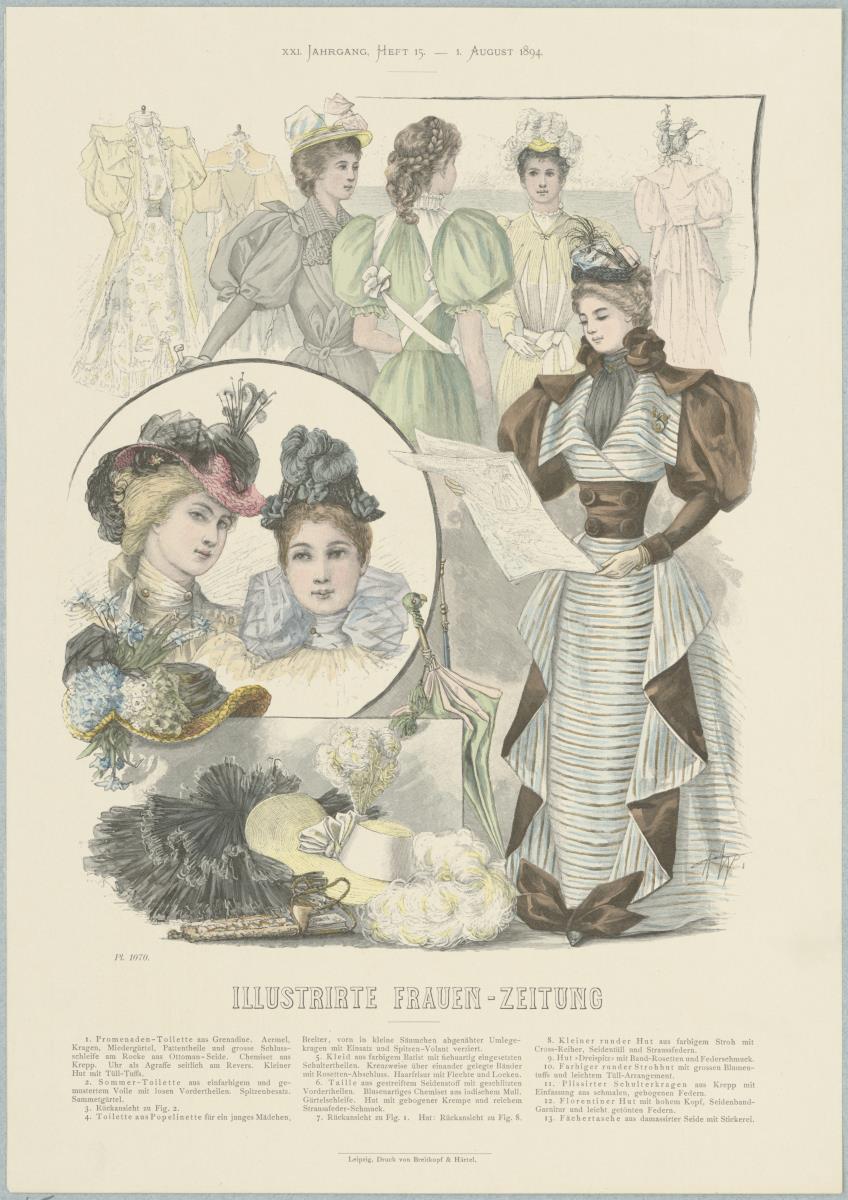 Illustrirte Frauen-Zeitung: Promenaden-Toilette, Sommer-Toilette, Kleid mit fichuartig eingesetzten Schulterteilen, diverse Hüte