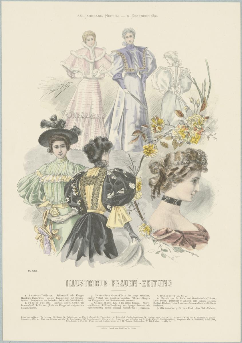 Illustrirte Frauen-Zeitung: Theater-Toilette, Gesellschafts-Kleid für ältere Damen, Haarfrisur für Ball- und Gesellschafts-Toilette