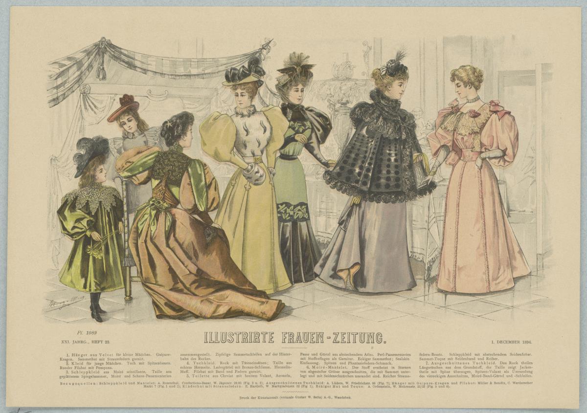 Illustrirte Frauen-Zeitung: Kleid für junge Mädchen, Schleppkleid, ausgeschnittenes Tuchkleid