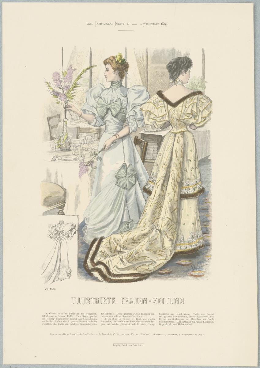 Illustrirte Frauen-Zeitung: Gesellschafts-Toilette und Hochzeits-Toilette mit langer Schleppe