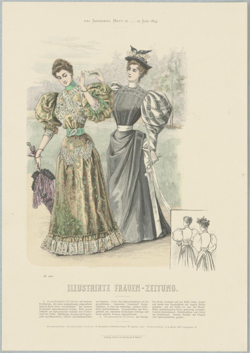 Illustrirte Frauen-Zeitung: Gesellschafts-Toilette mit breitem Rockansatz und Promenaden-Toilette mit karierten Keulenärmeln