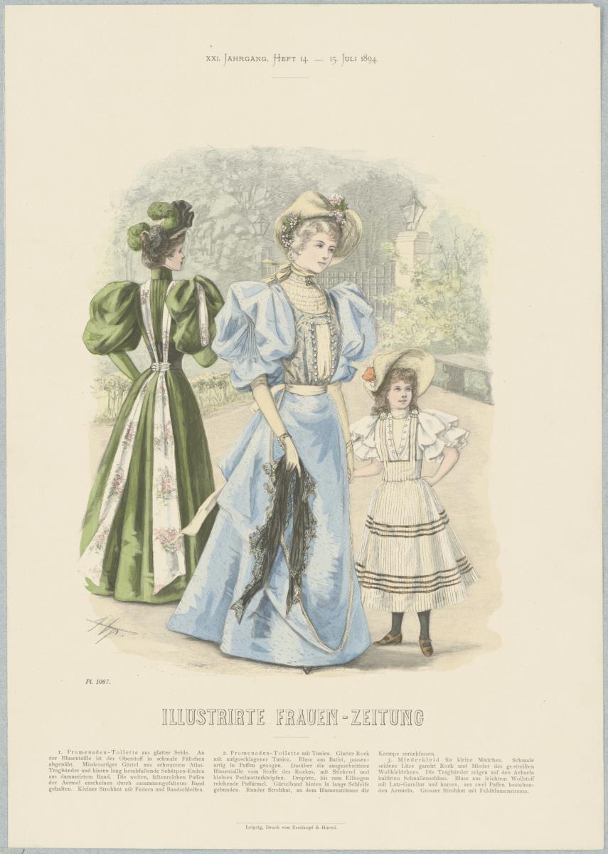 Illustrirte Frauen-Zeitung: Promenaden-Toiletten mit Strohhüten und Miederkleid für kleine Mädchen
