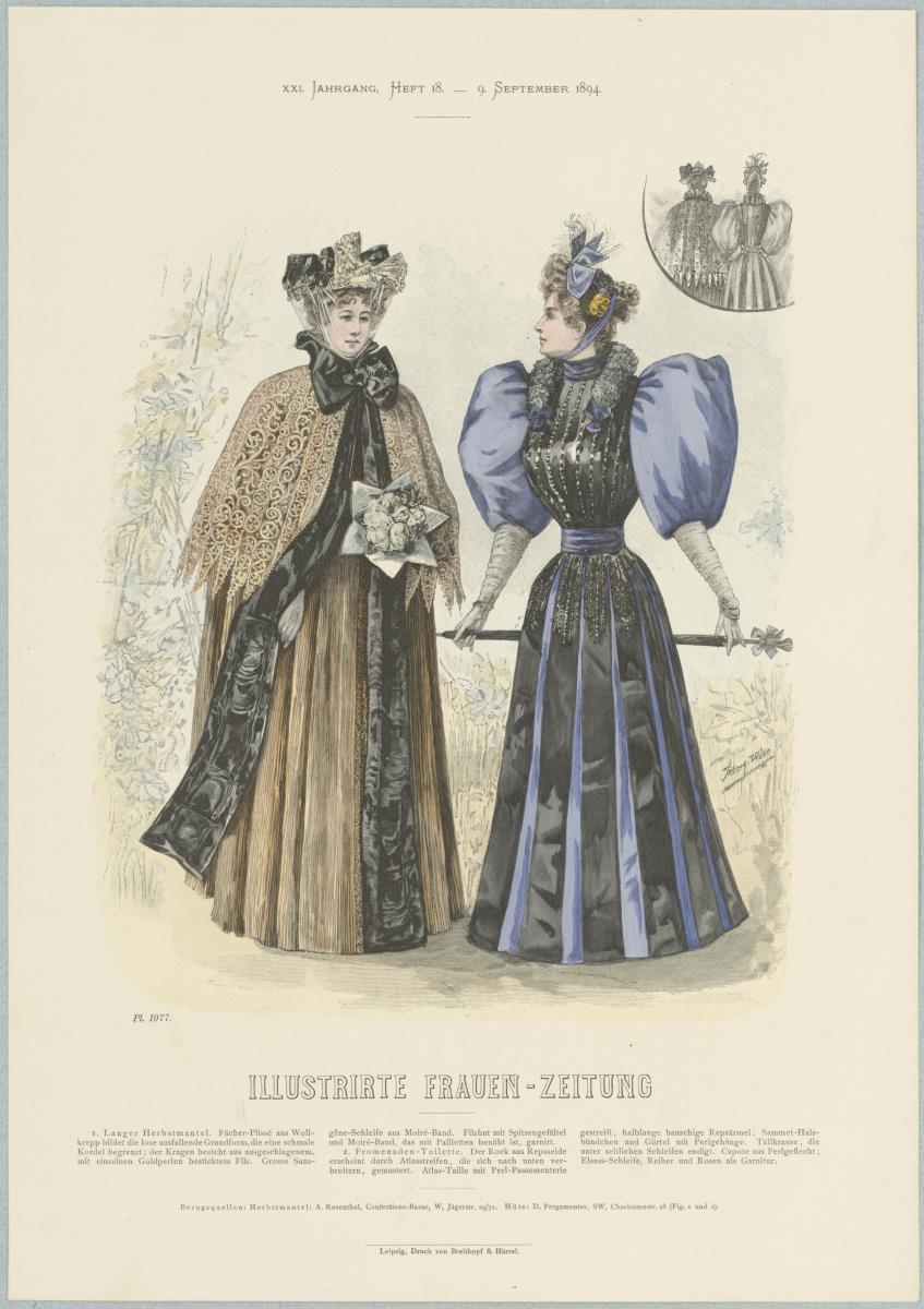 Illustrirte Frauen-Zeitung: langer Herbstmantel mit Filzhut und Promenaden-Toilette mit Kapotte