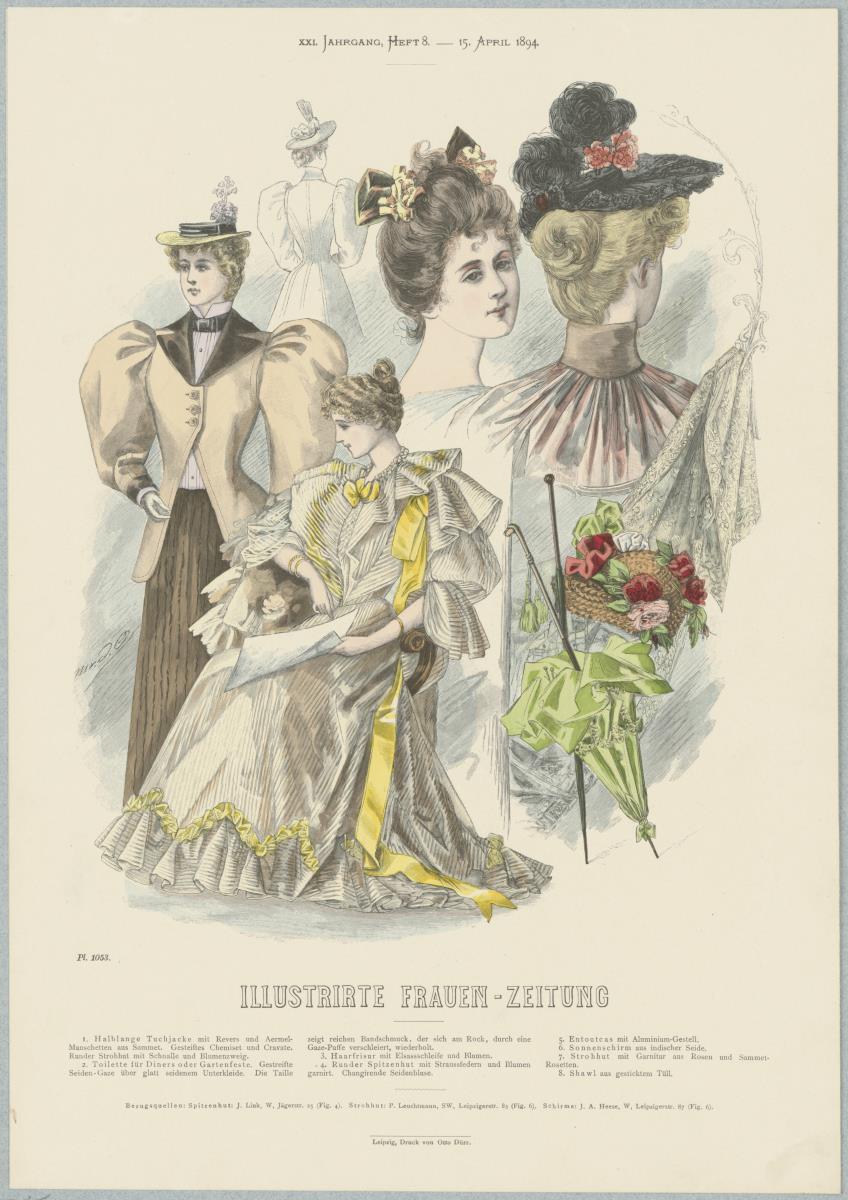 Illustrirte Frauen-Zeitung: Halblange Tuchjacke, Toilette für Diners oder Gartenfeste, Sonnenschirme und Hüte