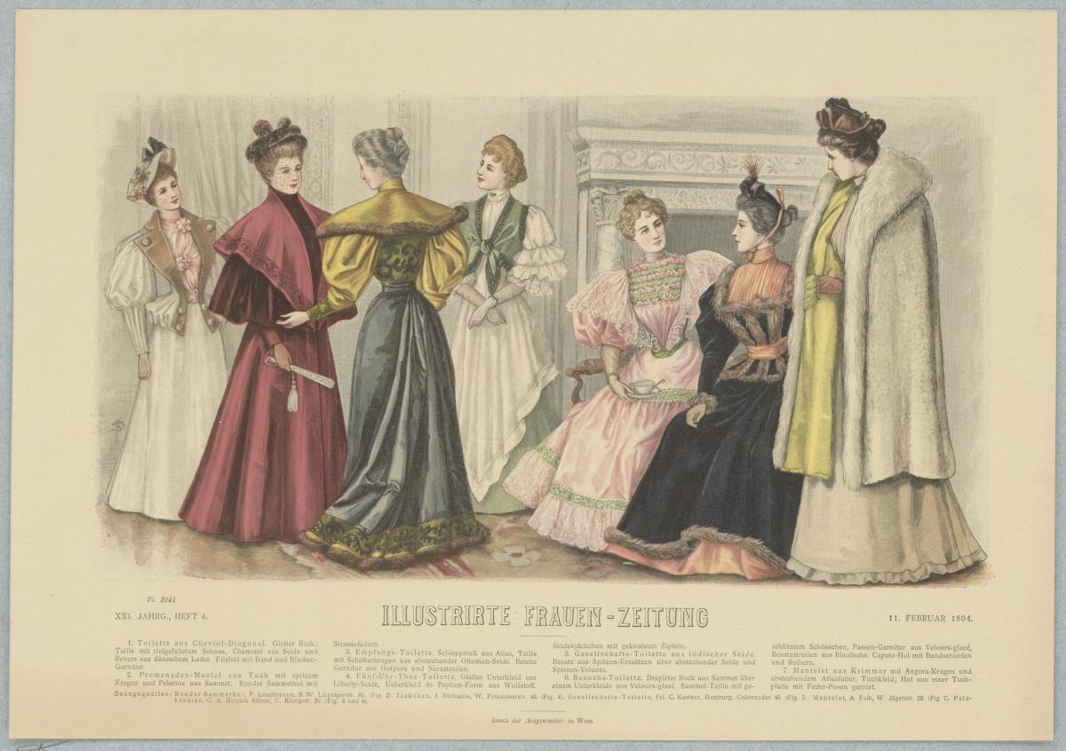 Illustrirte Frauen-Zeitung: Promenaden-Mantel, Empfangs-Toilette mit Schlepprock, Fünf-Uhr-Tee-Toilette, Besuchs-Toilette mit Kapottenhut