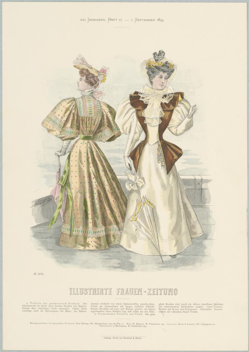 Illustrirte Frauen-Zeitung: Toilette mit Ballon-Ärmel und Promenaden-Toilette mit Basthut und Chatelaine