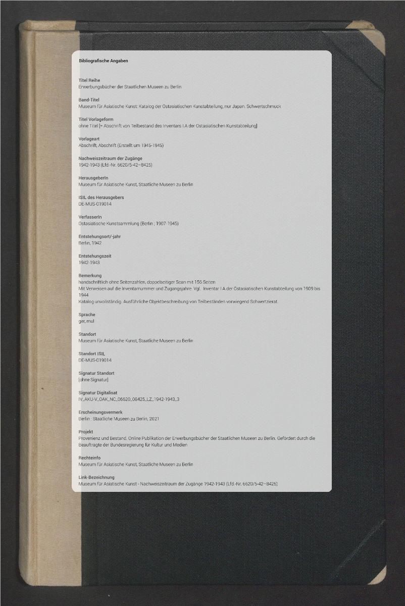 ohne Titel [= Abschrift von Teilbestand des Inventars I.A der Ostasiatischen Kunstabteilung]
