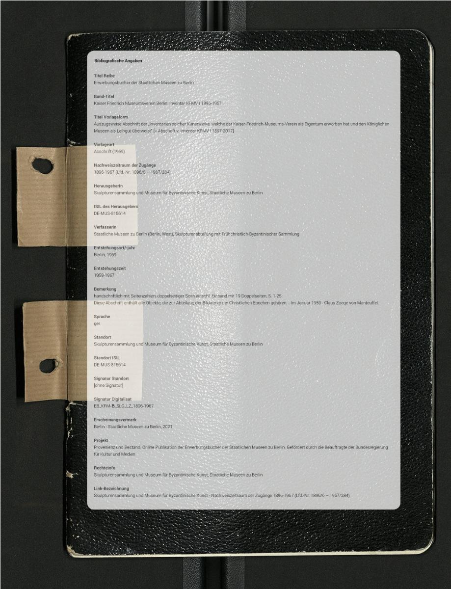 Auszugsweise Abschrift der "Inventarien solcher Kunstwerke, welche der Kaiser-Friedrich-Museums-Verein als Eigentum erworben hat und den Königlichen Museen als Leihgut überweist" [= Abschrift v. Inventar KFMV I 1897-2017]