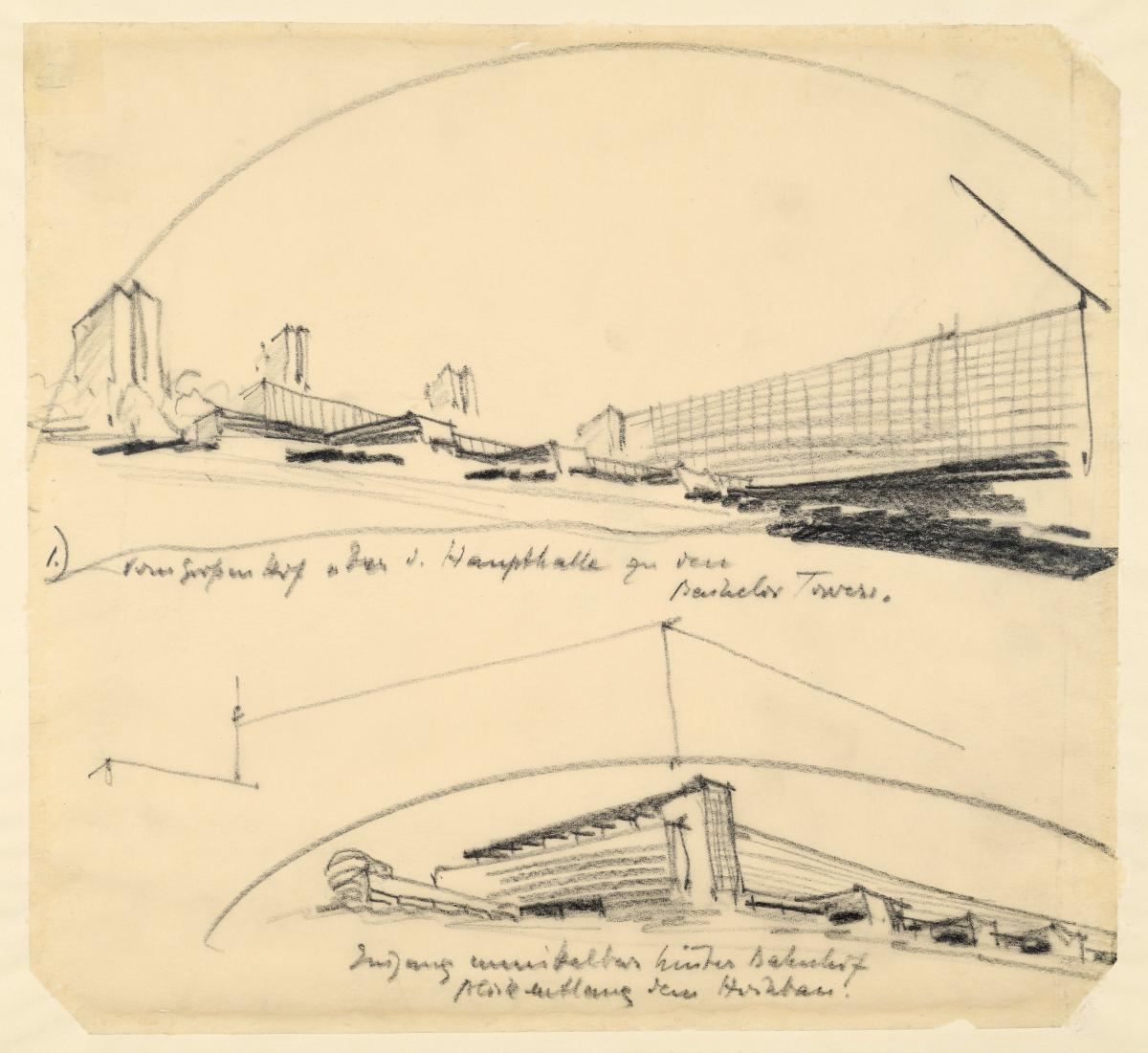 London, Projekt Siedlung White City. Drei Skizzen - zwei Perspektiven und Teilstudie, 1. Entwurf (Schema A)