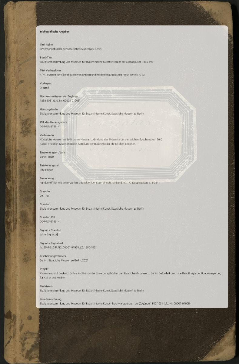 K. M. Inventar der Gipsabgüsse von antiken und modernen Skulpturen (Verz. der Inv. A, G)