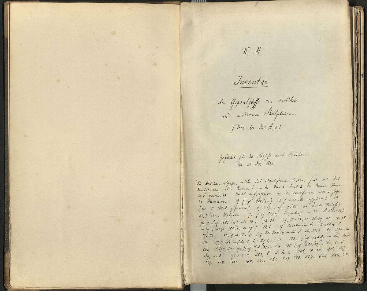 K. M. Inventar der Gipsabgüsse von antiken und modernen Skulpturen (Verz. der Inv. A, G)