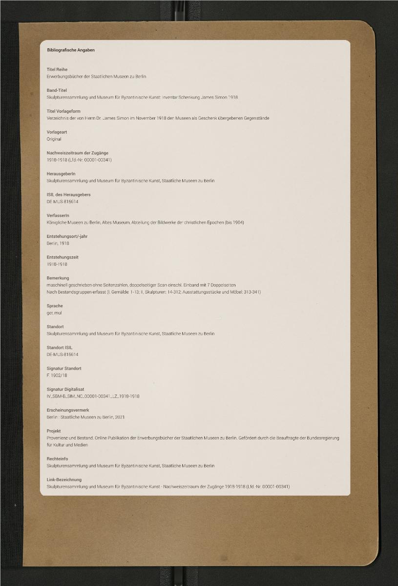 Verzeichnis der von Herrn Dr. James Simon im November 1918 dem Museum als Geschenk übergebenen Gegenstände.