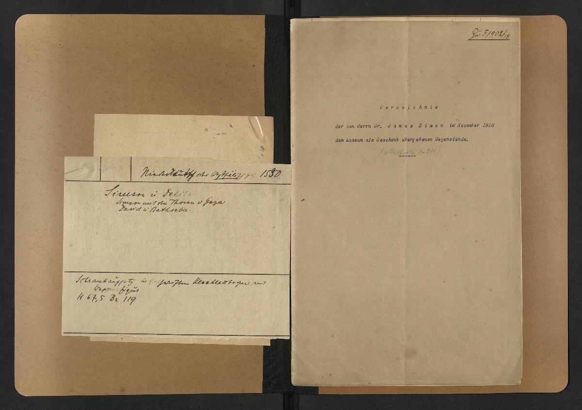 Verzeichnis der von Herrn Dr. James Simon im November 1918 dem Museum als Geschenk übergebenen Gegenstände.