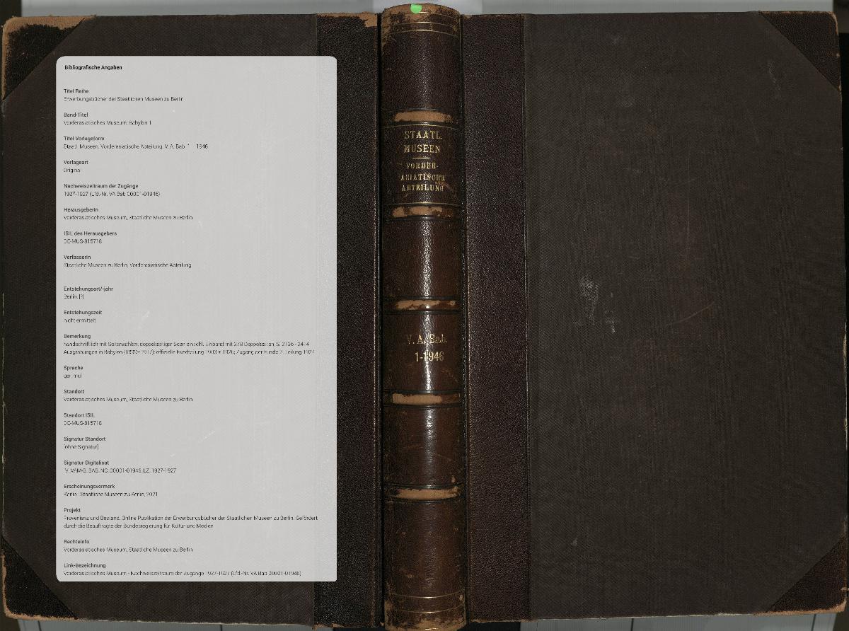Staatl. Museen. Vorderasiatische Abteilung. V. A. Bab. 1 – 1946