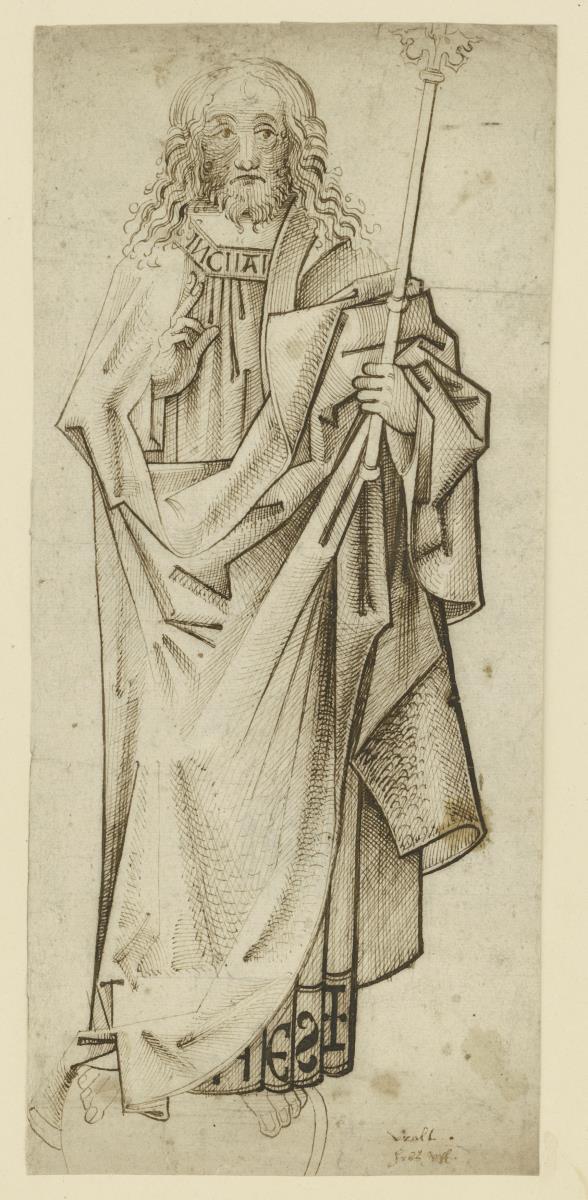 Segnender Christus in Vorderansicht auf der Weltkugel stehend, mit dem Zepter in der Linken