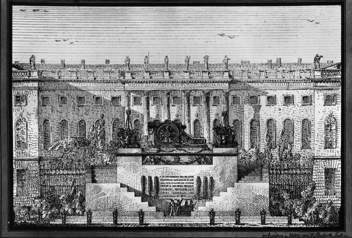 Zwei Entwürfe für die Aufstellung von Trophäen aus dem Invalidenhaus in Paris vor dem Brandenburger Tor und vor der Universität