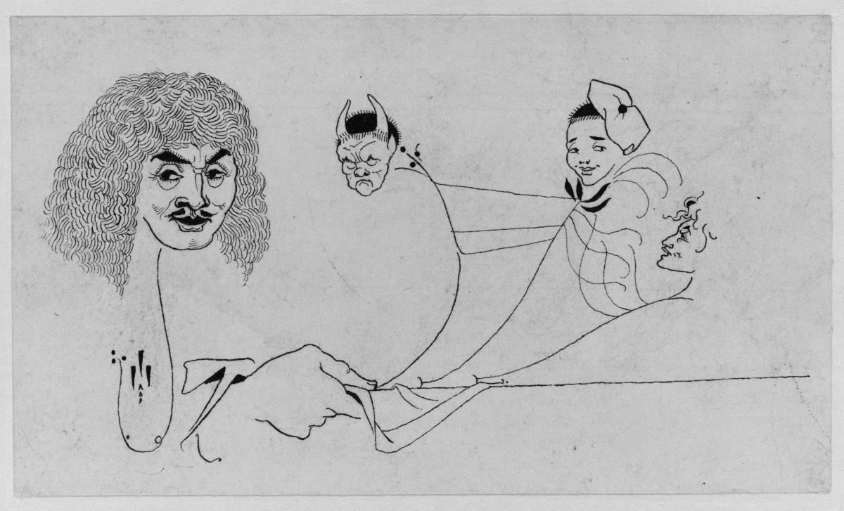 Molière, mit drei Marionetten an der Hand