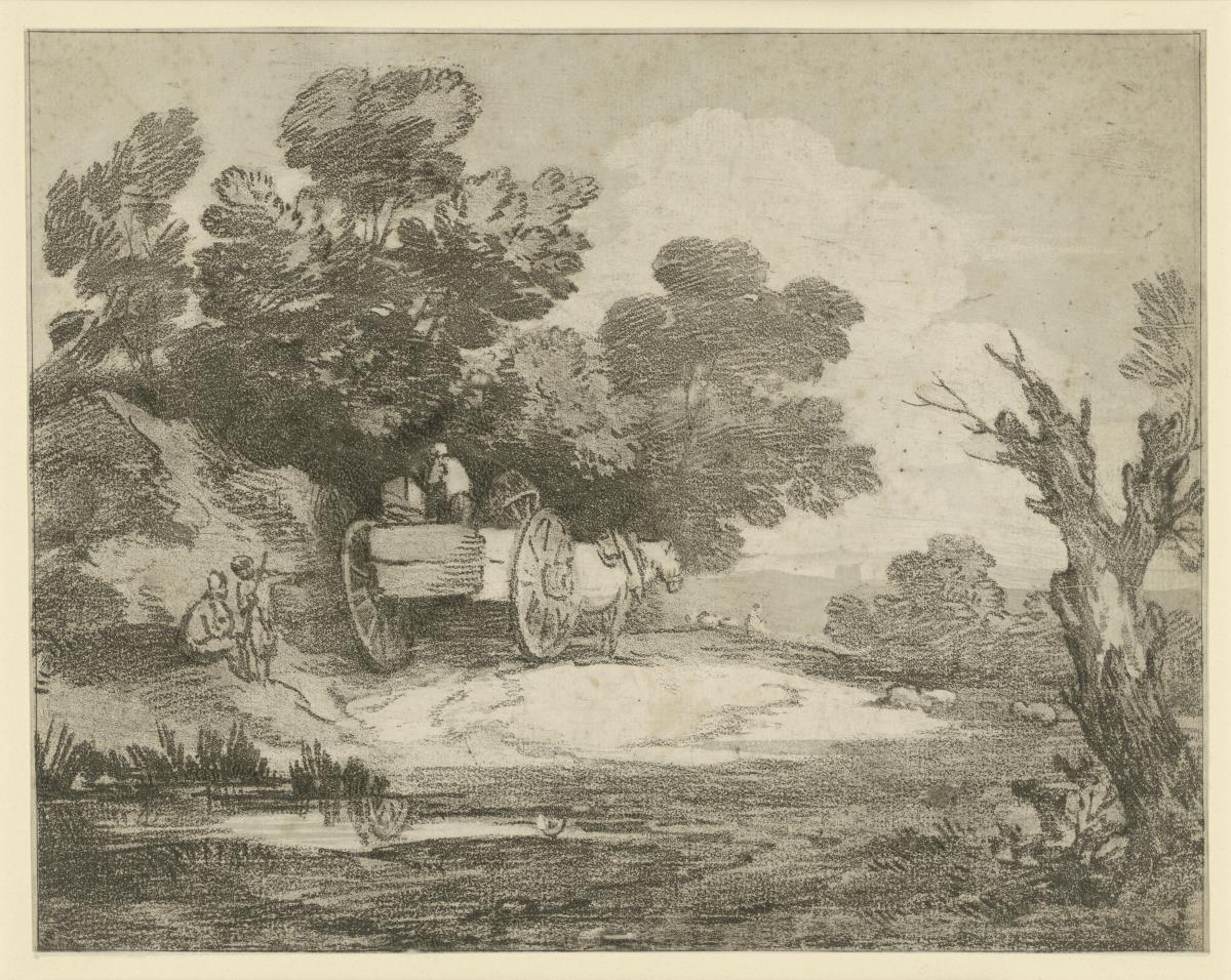 Baumbestandene Landschaft mit Figuren, Kühen und einem Boot an einem Teich
