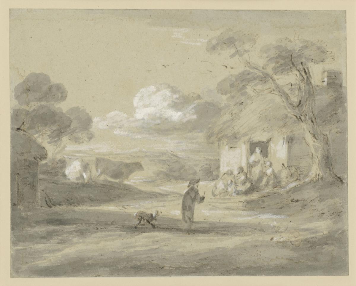 Landschaft mit Figuren vor der Tür eines Bauernhauses, Mann mit Hund und Vieh