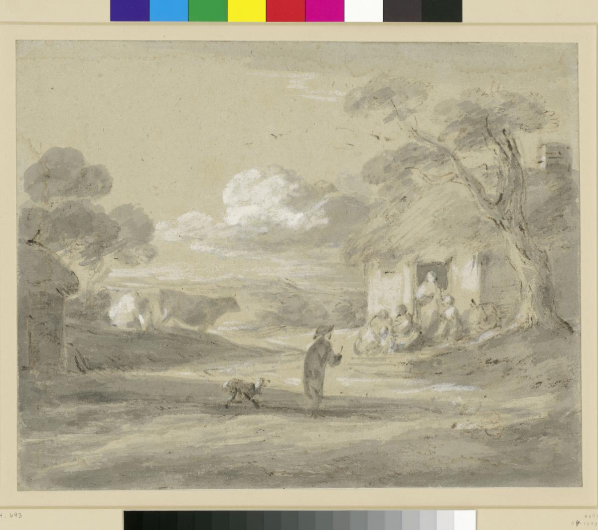 Landschaft mit Figuren vor der Tür eines Bauernhauses, Mann mit Hund und Vieh