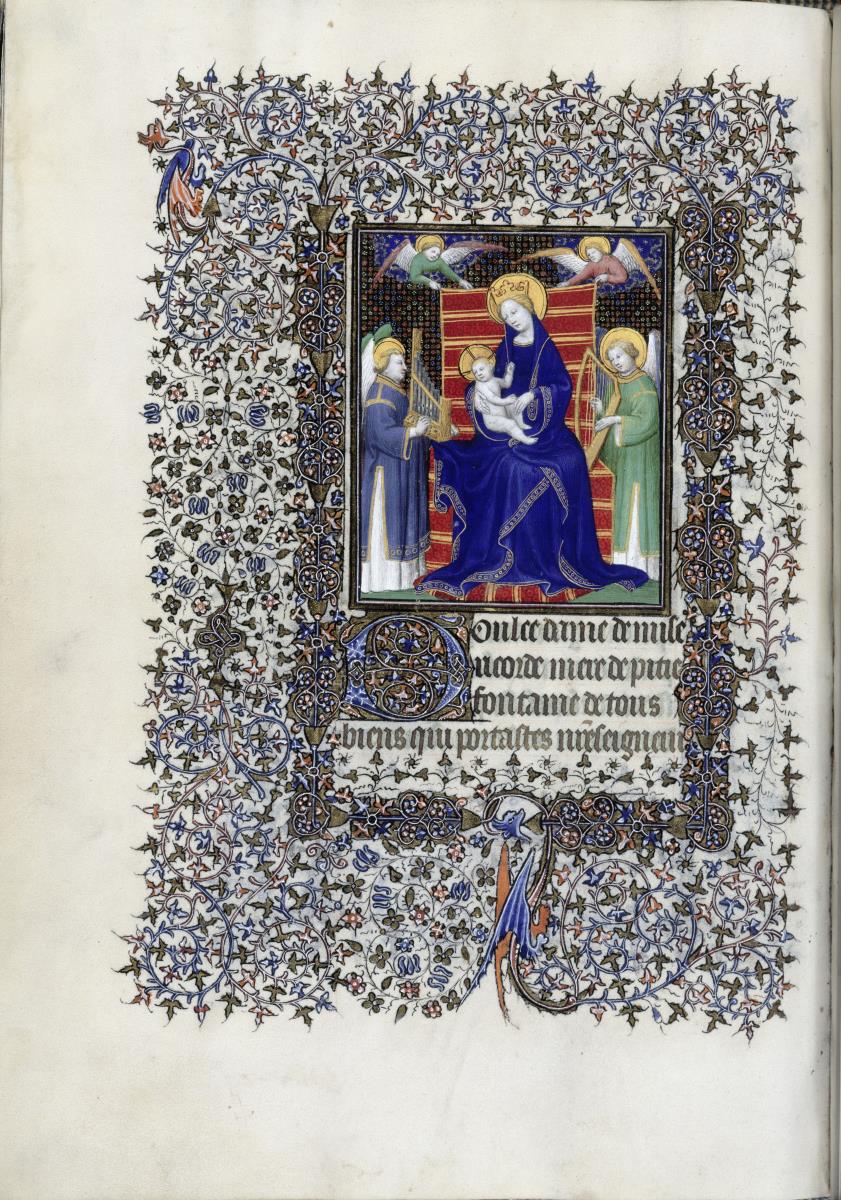 Die thronende Madonna zwischen zwei musizierenden Engeln. Boucicaut Gebetbuch