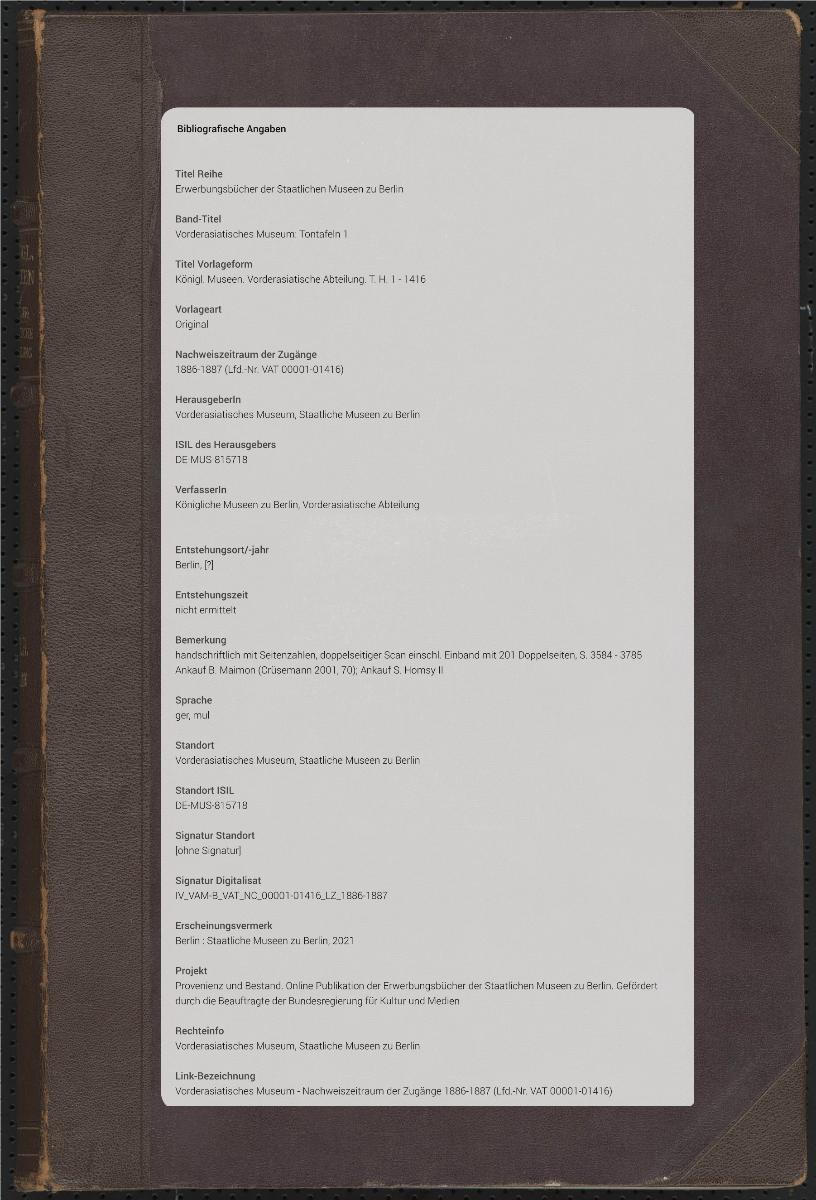 Königl. Museen. Vorderasiatische Abteilung. T. H. 1 - 1416