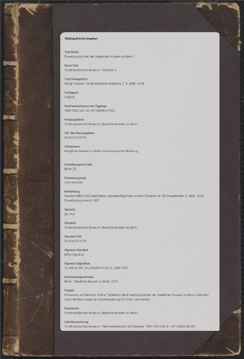 Königl. Museen. Vorderasiatische Abteilung. T. H. 2845 - 4125